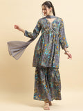 Women Chinon Blue Floral Print Kurta Sharara Dupatta.