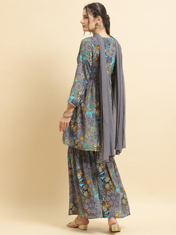 Women Chinon Blue Floral Print Kurta Sharara Dupatta.