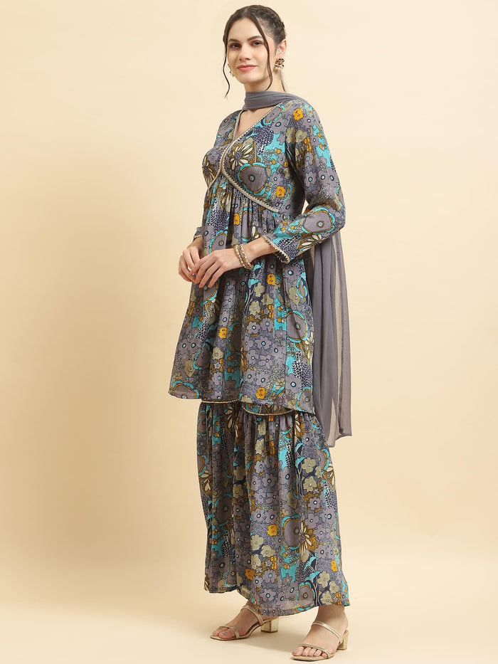 Women Chinon Blue Floral Print Kurta Sharara Dupatta.