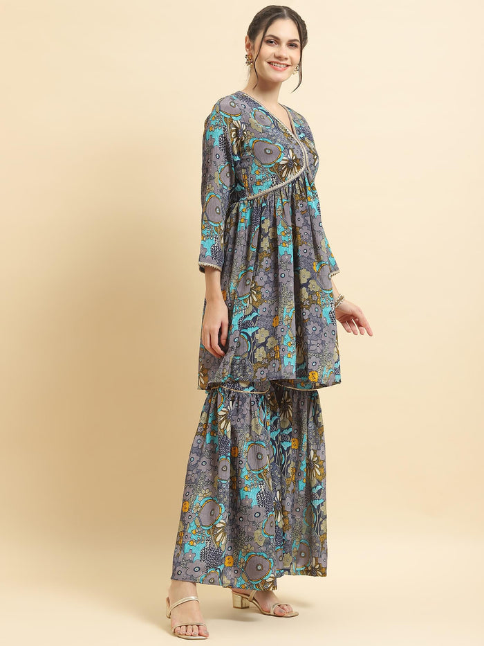 Women Chinon Blue Floral Print Kurta Sharara Dupatta.