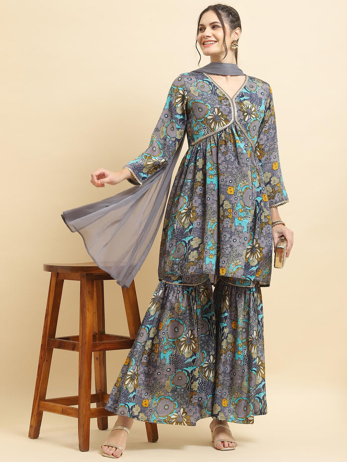 Women Chinon Blue Floral Print Kurta Sharara Dupatta.