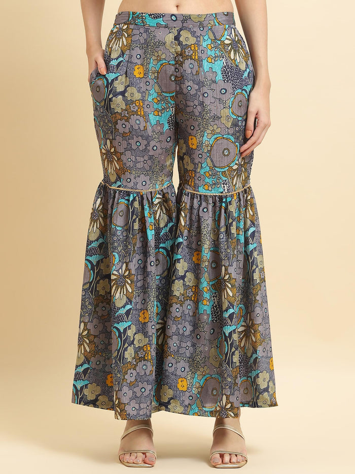 Women Chinon Blue Floral Print Kurta Sharara Dupatta.