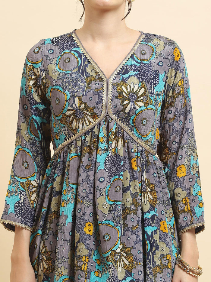 Women Chinon Blue Floral Print Kurta Sharara Dupatta.