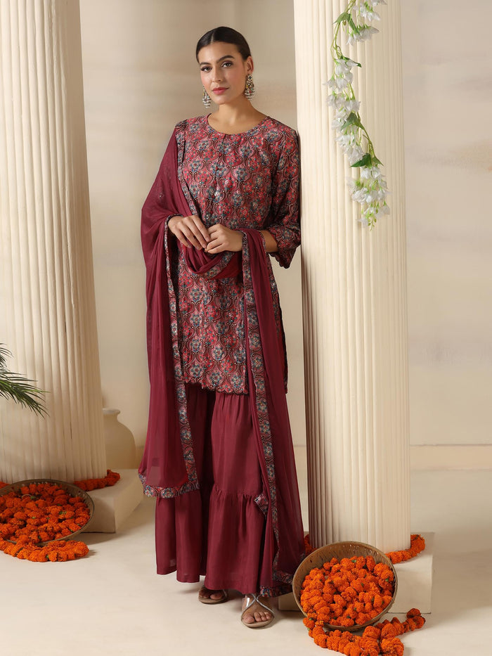 Women Chinon Dusty Pink Embroidered Kurta Sharara Dupatta.