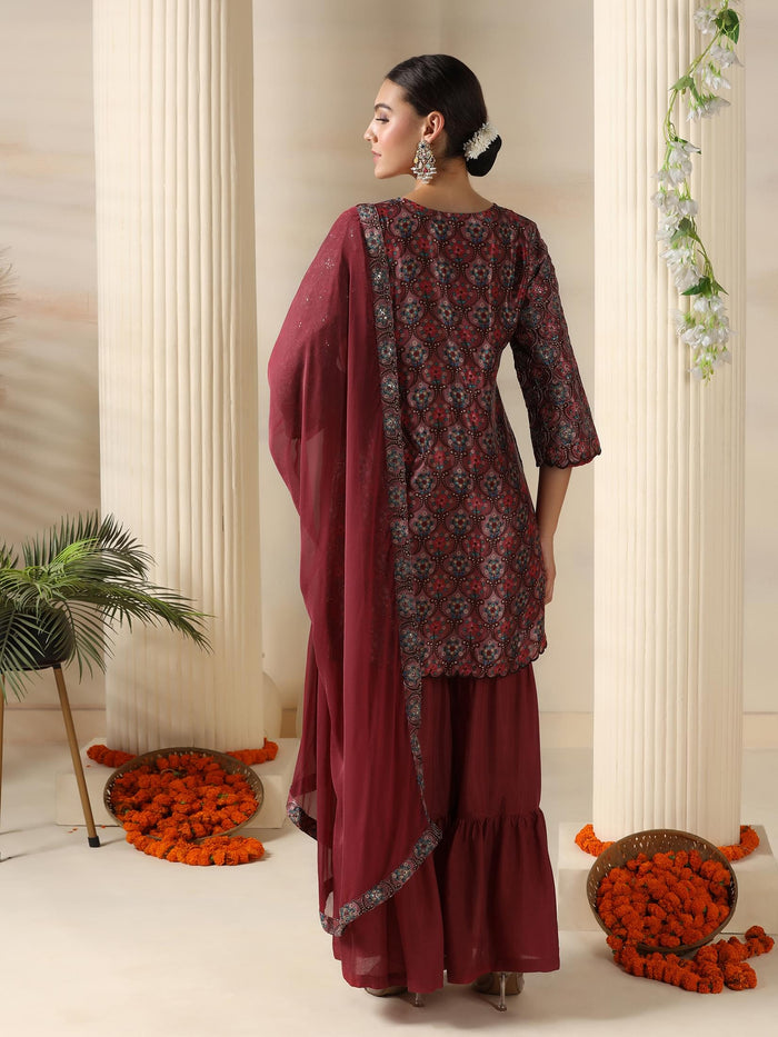 Women Chinon Dusty Pink Embroidered Kurta Sharara Dupatta.