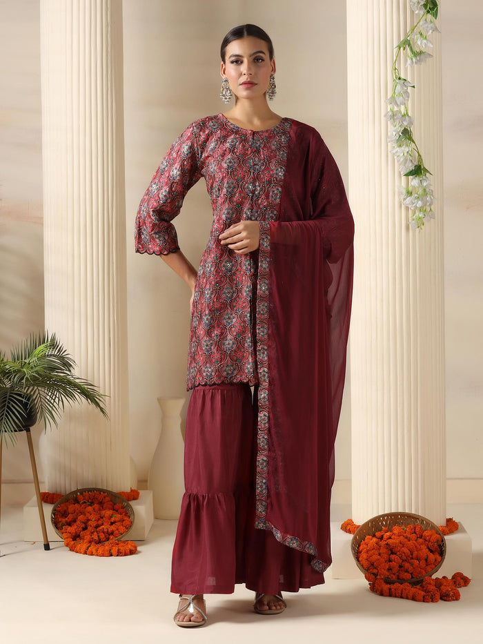 Women Chinon Dusty Pink Embroidered Kurta Sharara Dupatta.