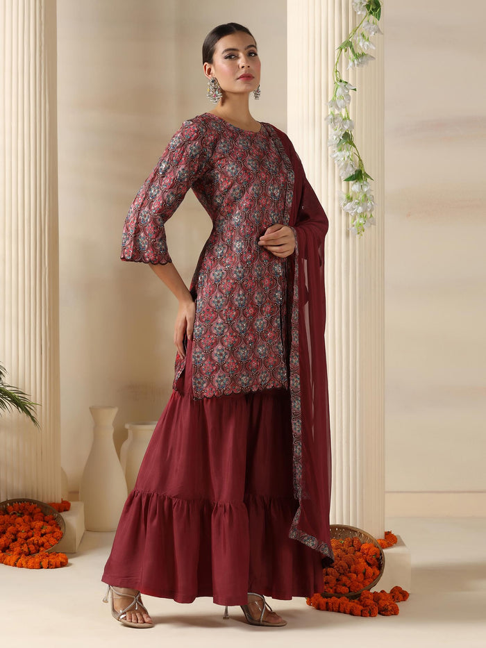 Women Chinon Dusty Pink Embroidered Kurta Sharara Dupatta.
