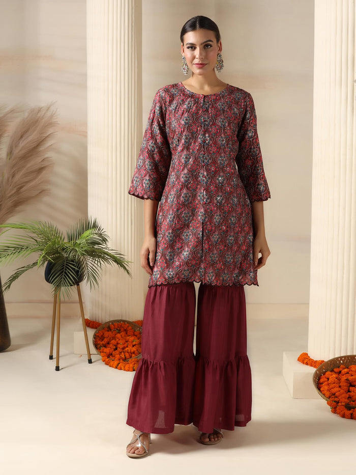 Women Chinon Dusty Pink Embroidered Kurta Sharara Dupatta.