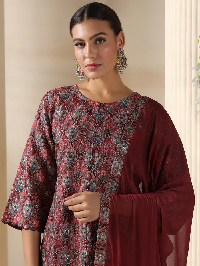 Women Chinon Dusty Pink Embroidered Kurta Sharara Dupatta.