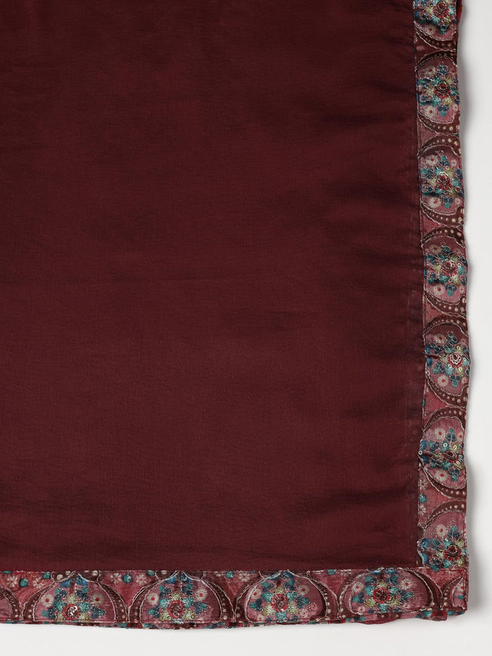 Women Chinon Dusty Pink Embroidered Kurta Sharara Dupatta.