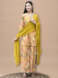 Women Chinon Mustard Floral Print Kurta Split Pant Dupatta.