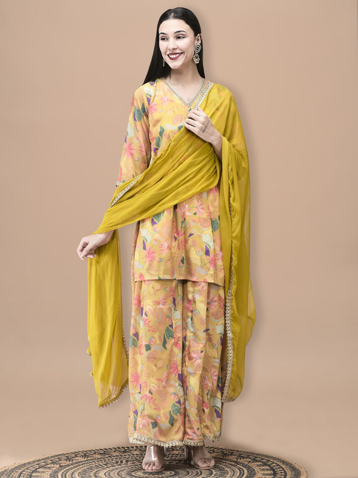 Women Chinon Mustard Floral Print Kurta Split Pant Dupatta.