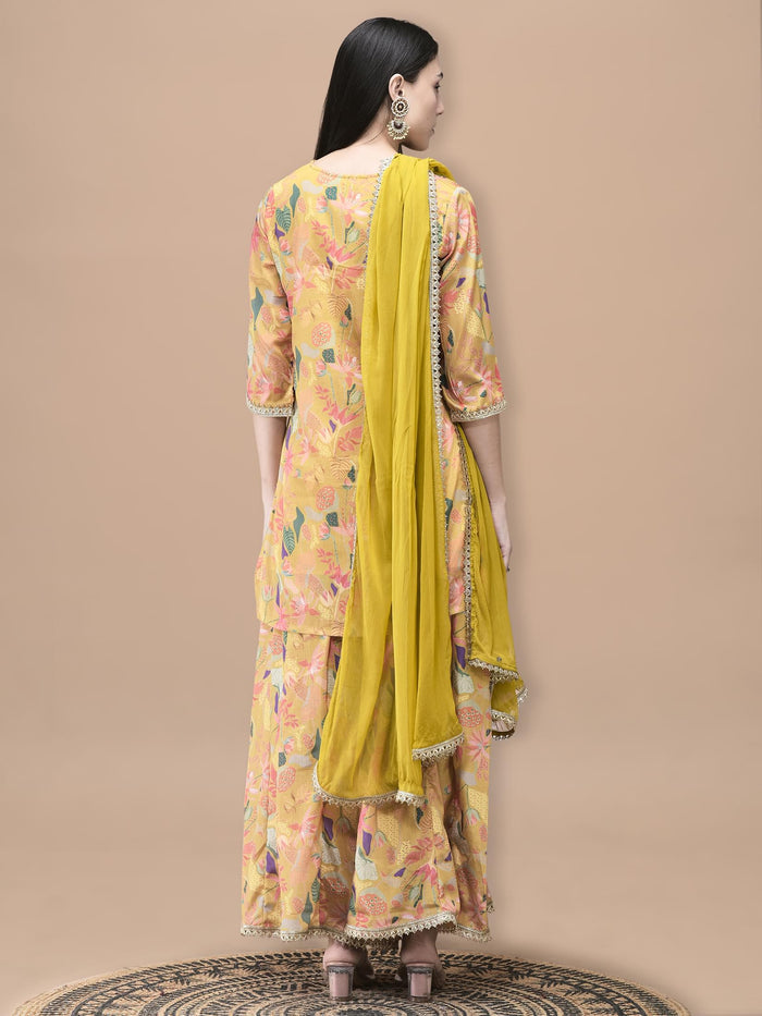 Women Chinon Mustard Floral Print Kurta Split Pant Dupatta.