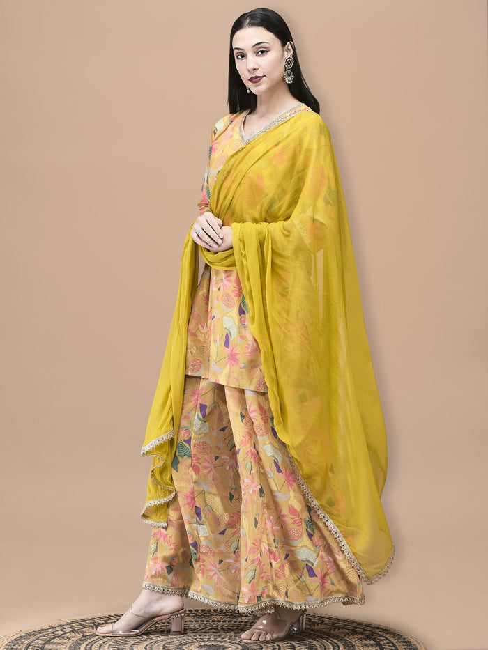 Women Chinon Mustard Floral Print Kurta Split Pant Dupatta.