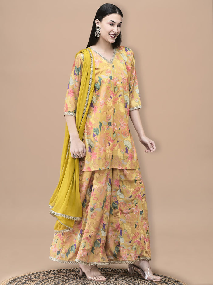 Women Chinon Mustard Floral Print Kurta Split Pant Dupatta.