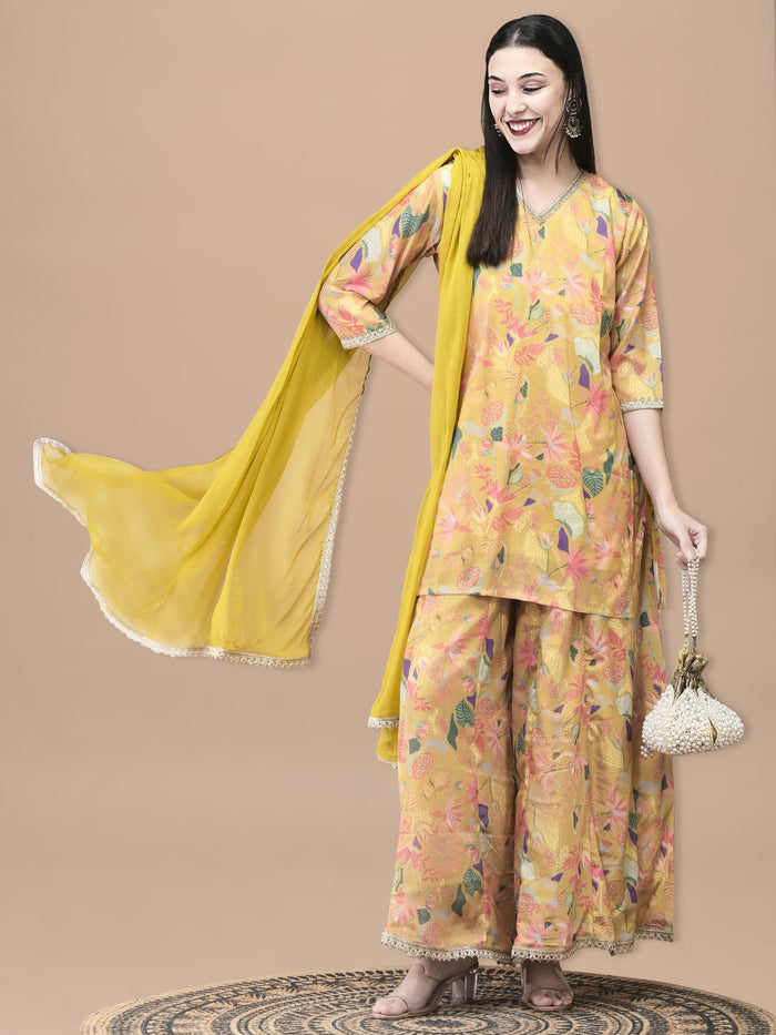 Women Chinon Mustard Floral Print Kurta Split Pant Dupatta.