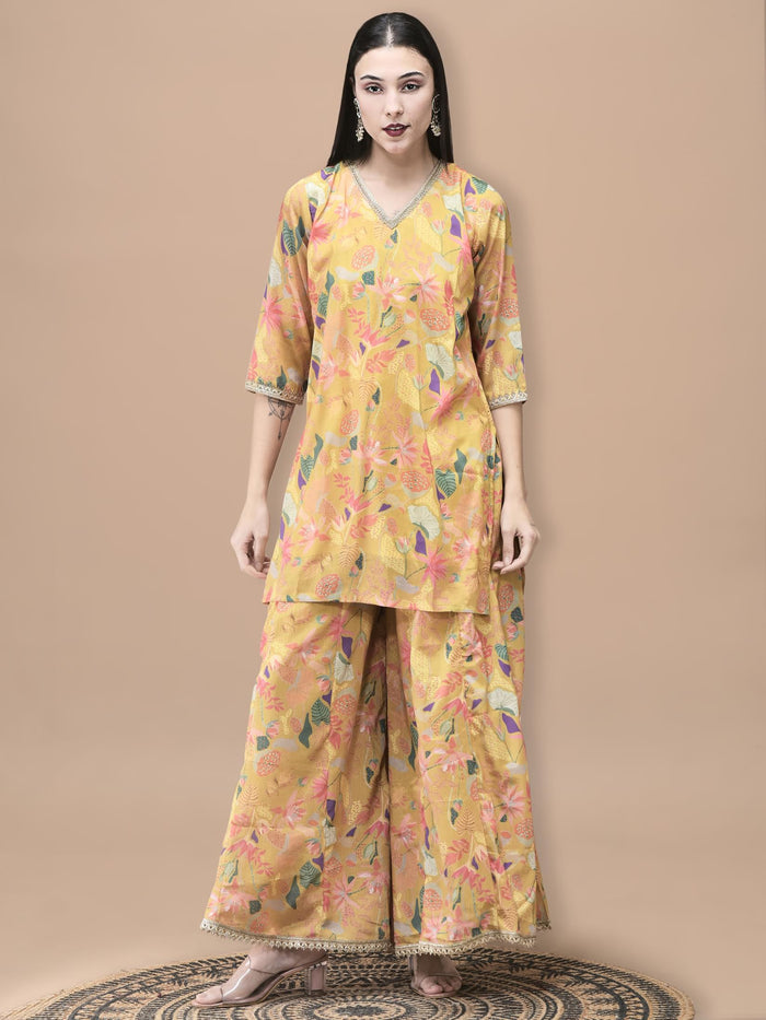 Women Chinon Mustard Floral Print Kurta Split Pant Dupatta.