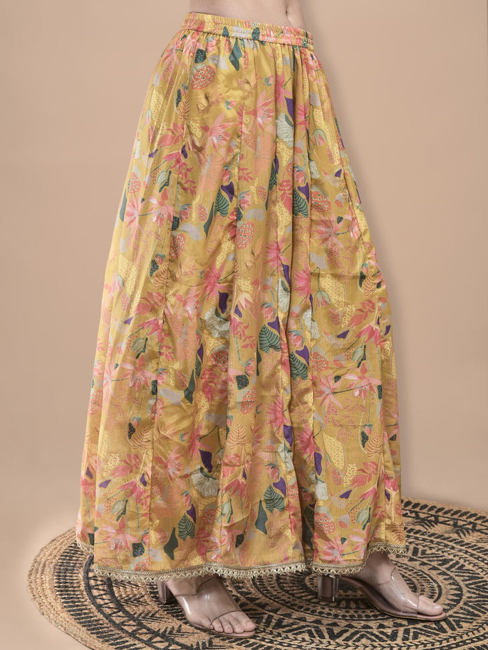 Women Chinon Mustard Floral Print Kurta Split Pant Dupatta.