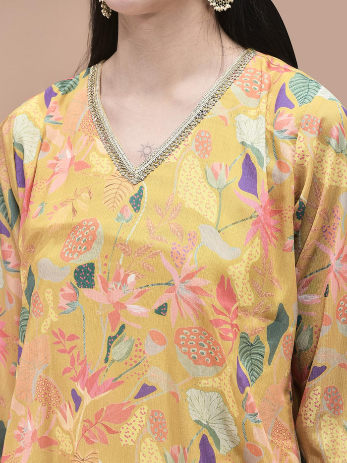 Women Chinon Mustard Floral Print Kurta Split Pant Dupatta.