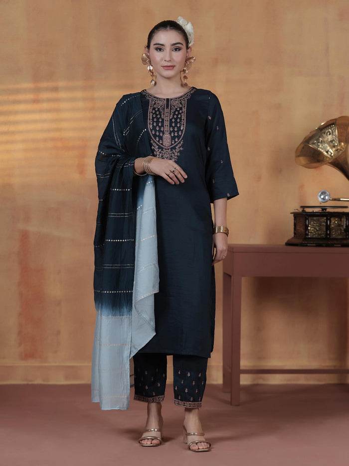 Women Chinon Navy Blue Embroidered Kurta Comfort Pant Dupatta.
