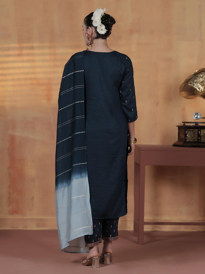 Women Chinon Navy Blue Embroidered Kurta Comfort Pant Dupatta.