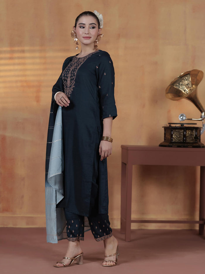 Women Chinon Navy Blue Embroidered Kurta Comfort Pant Dupatta.