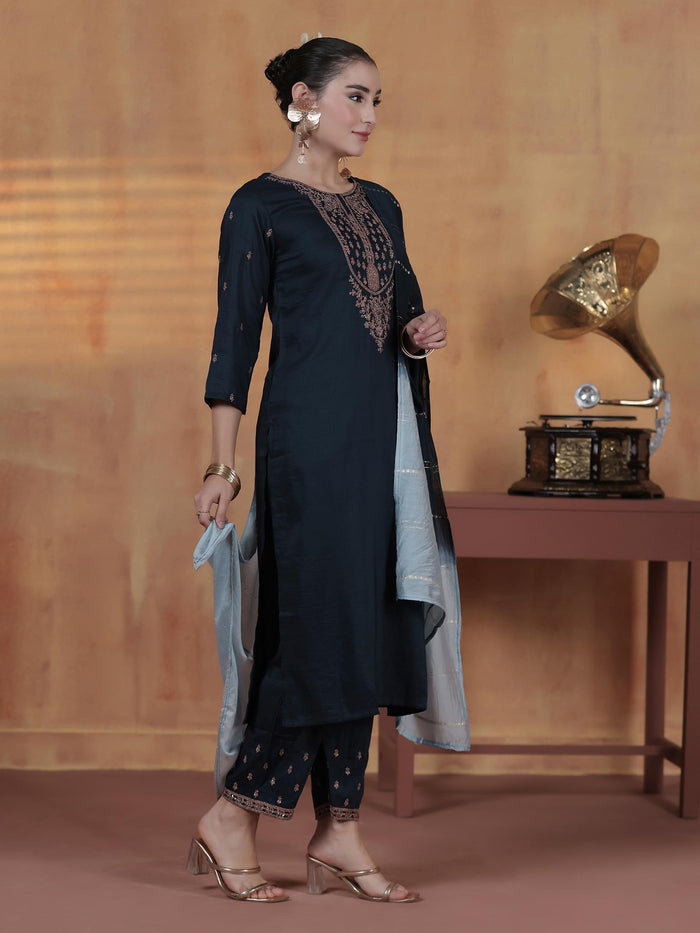 Women Chinon Navy Blue Embroidered Kurta Comfort Pant Dupatta.