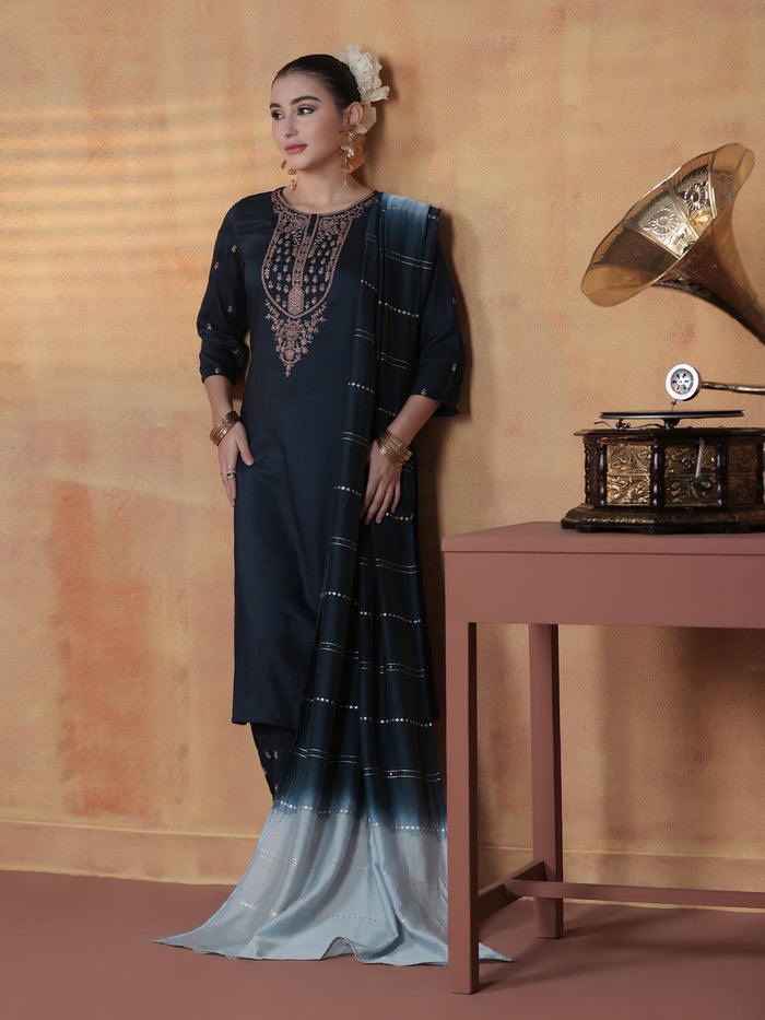 Women Chinon Navy Blue Embroidered Kurta Comfort Pant Dupatta.