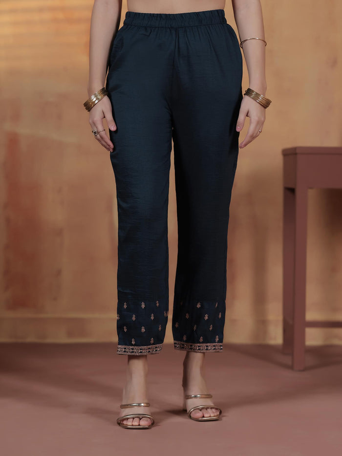 Women Chinon Navy Blue Embroidered Kurta Comfort Pant Dupatta.