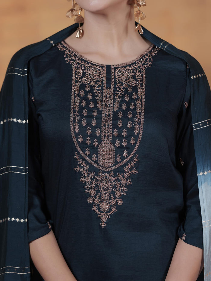 Women Chinon Navy Blue Embroidered Kurta Comfort Pant Dupatta.