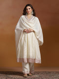 Women Chinon Off White Embroidered Kurta Comfort Pant Dupatta.
