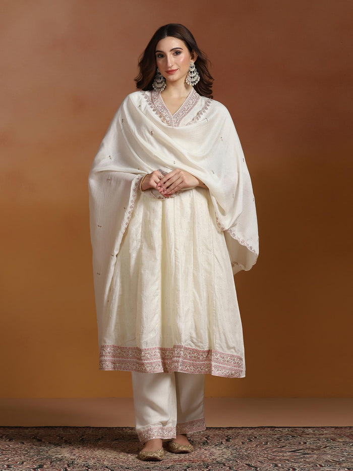 Women Chinon Off White Embroidered Kurta Comfort Pant Dupatta.