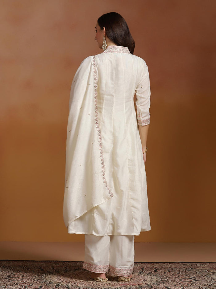 Women Chinon Off White Embroidered Kurta Comfort Pant Dupatta.