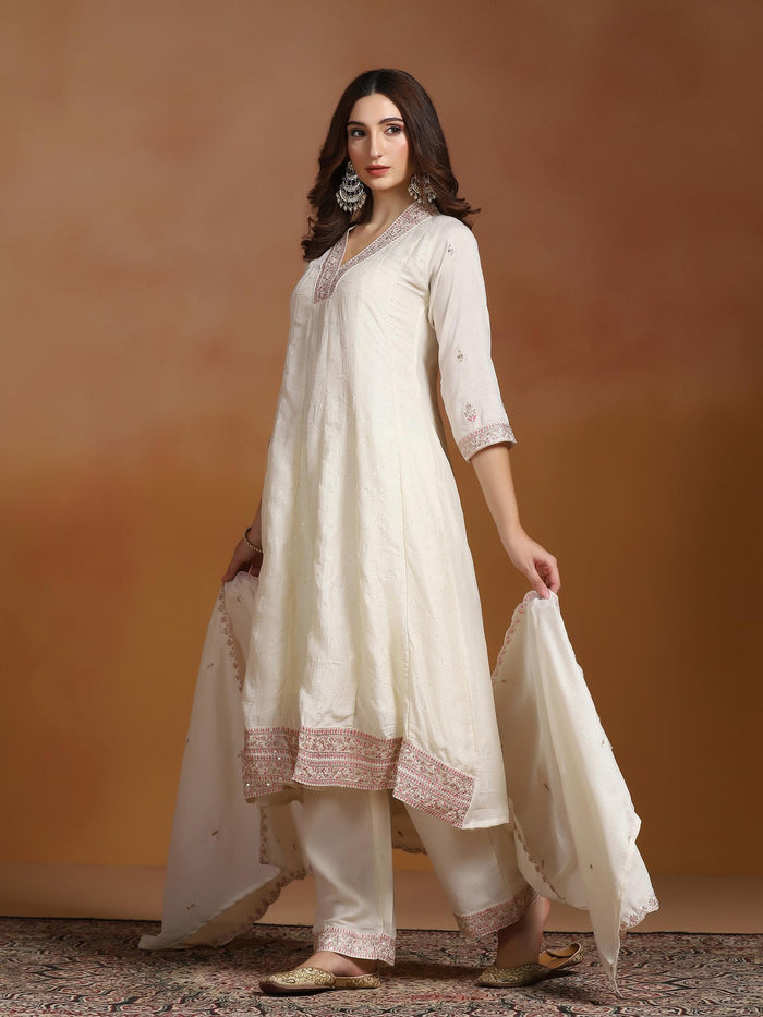 Women Chinon Off White Embroidered Kurta Comfort Pant Dupatta.