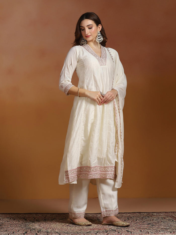 Women Chinon Off White Embroidered Kurta Comfort Pant Dupatta.
