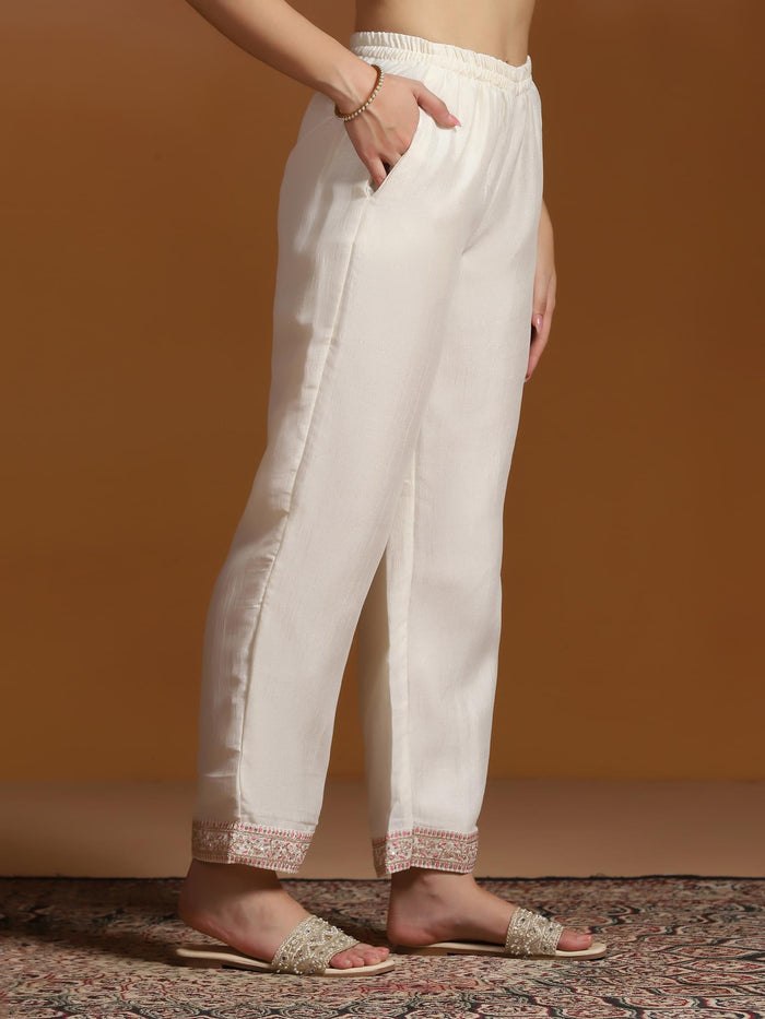 Women Chinon Off White Embroidered Kurta Comfort Pant Dupatta.
