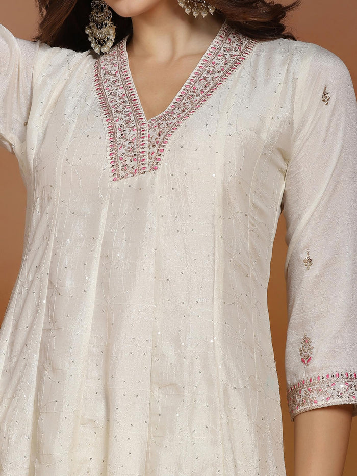 Women Chinon Off White Embroidered Kurta Comfort Pant Dupatta.
