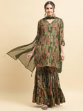 Women Chinon Olive Floral Kurta Sharara Dupatta.