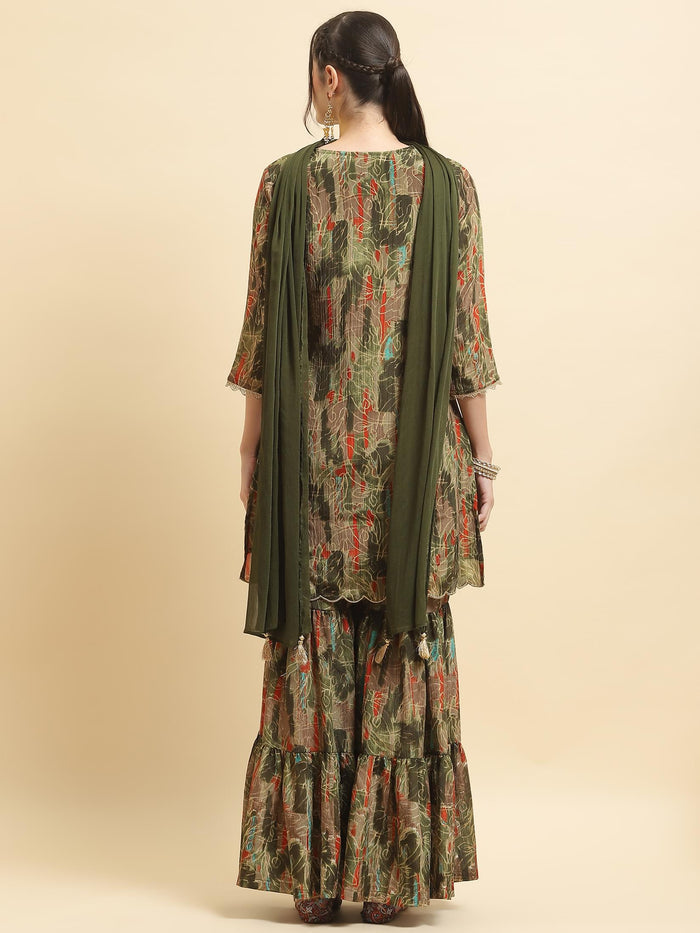 Women Chinon Olive Floral Kurta Sharara Dupatta.