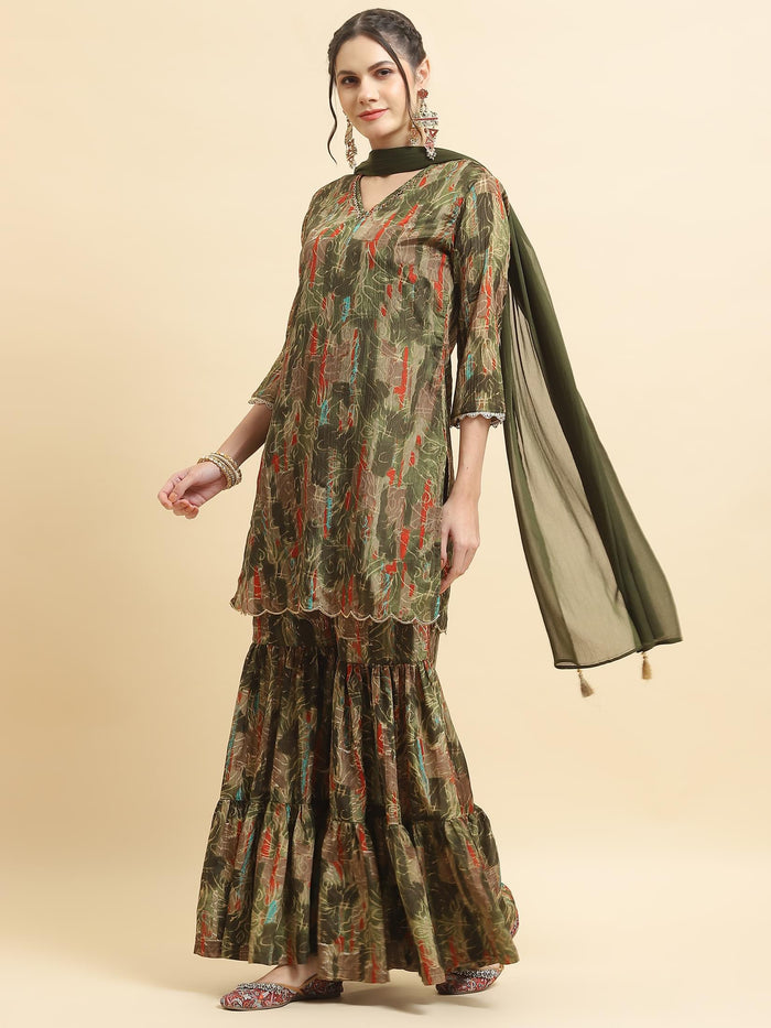 Women Chinon Olive Floral Kurta Sharara Dupatta.