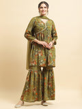 Women Chinon Olive Floral Print Kurta Sharara Dupatta.