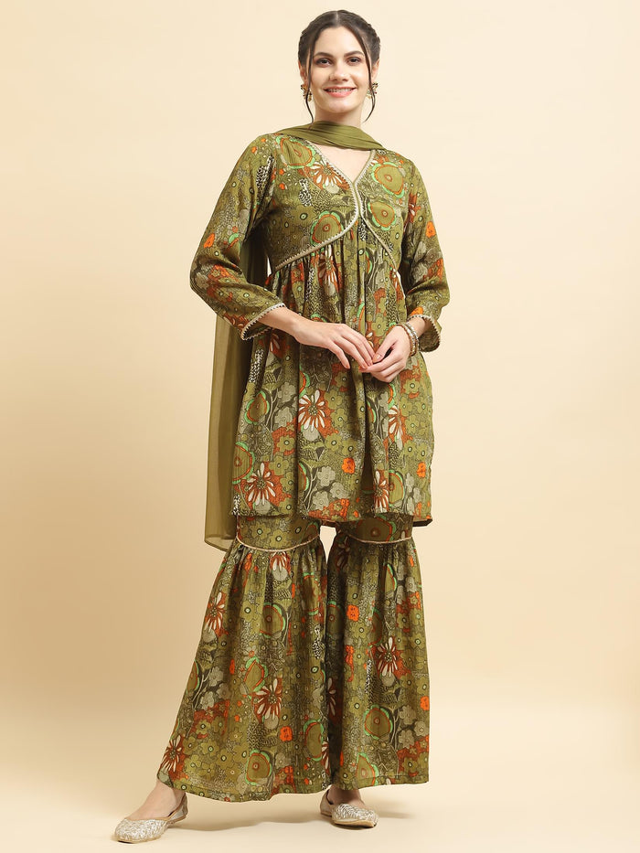 Women Chinon Olive Floral Print Kurta Sharara Dupatta.