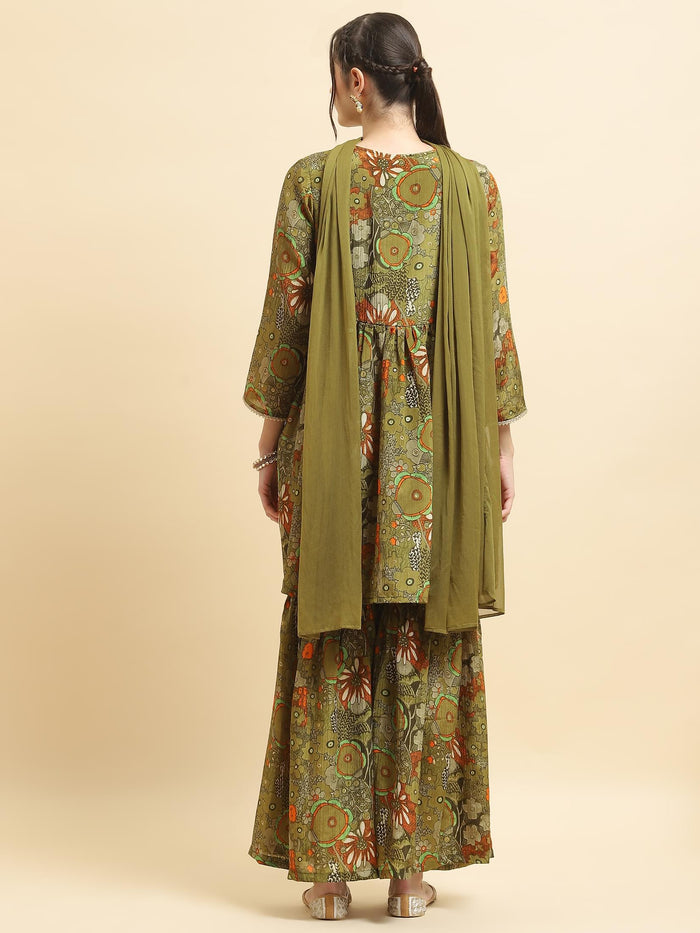 Women Chinon Olive Floral Print Kurta Sharara Dupatta.