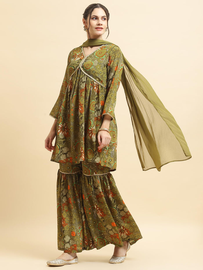 Women Chinon Olive Floral Print Kurta Sharara Dupatta.