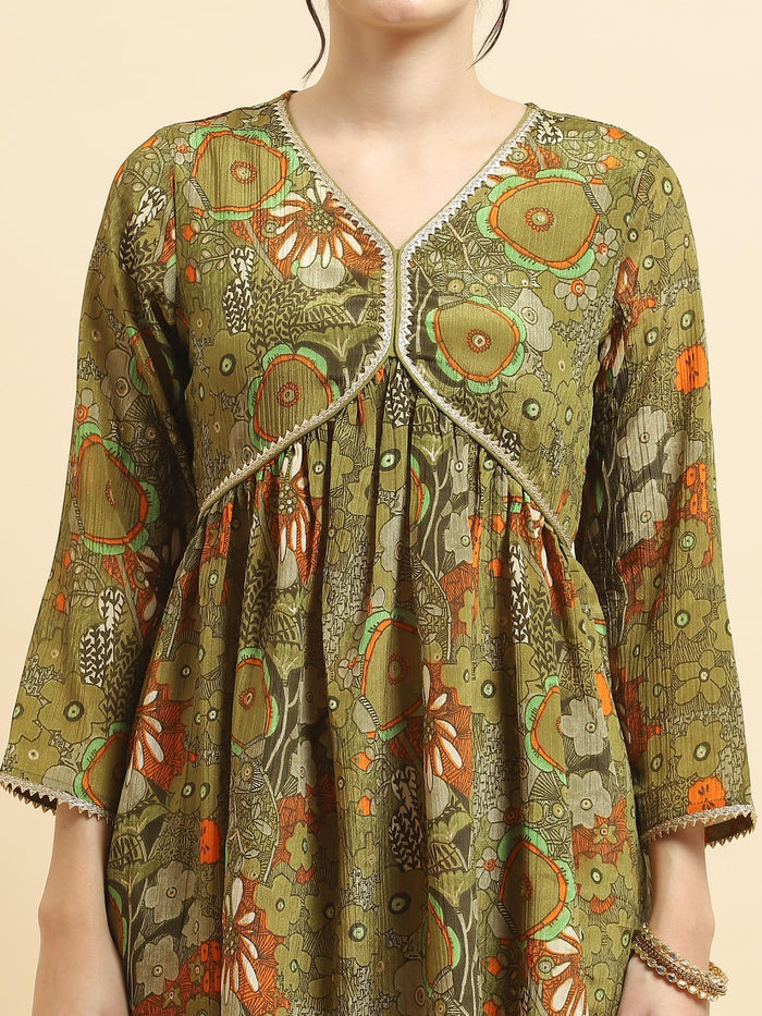 Women Chinon Olive Floral Print Kurta Sharara Dupatta.