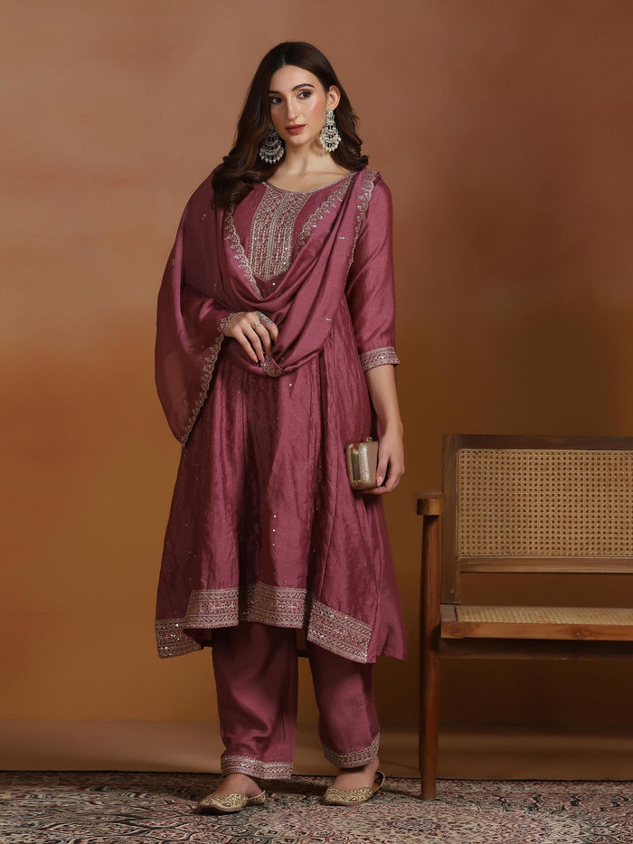 Women Chinon Pink Embroidered Kurta Comfort Pant Dupatta.