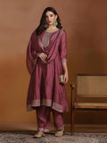Women Chinon Pink Embroidered Kurta Comfort Pant Dupatta.