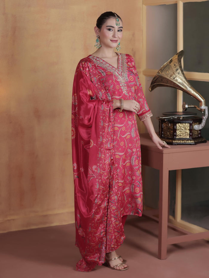 Women Chinon Pink Embroidered Kurta Comfort Pant Dupatta.