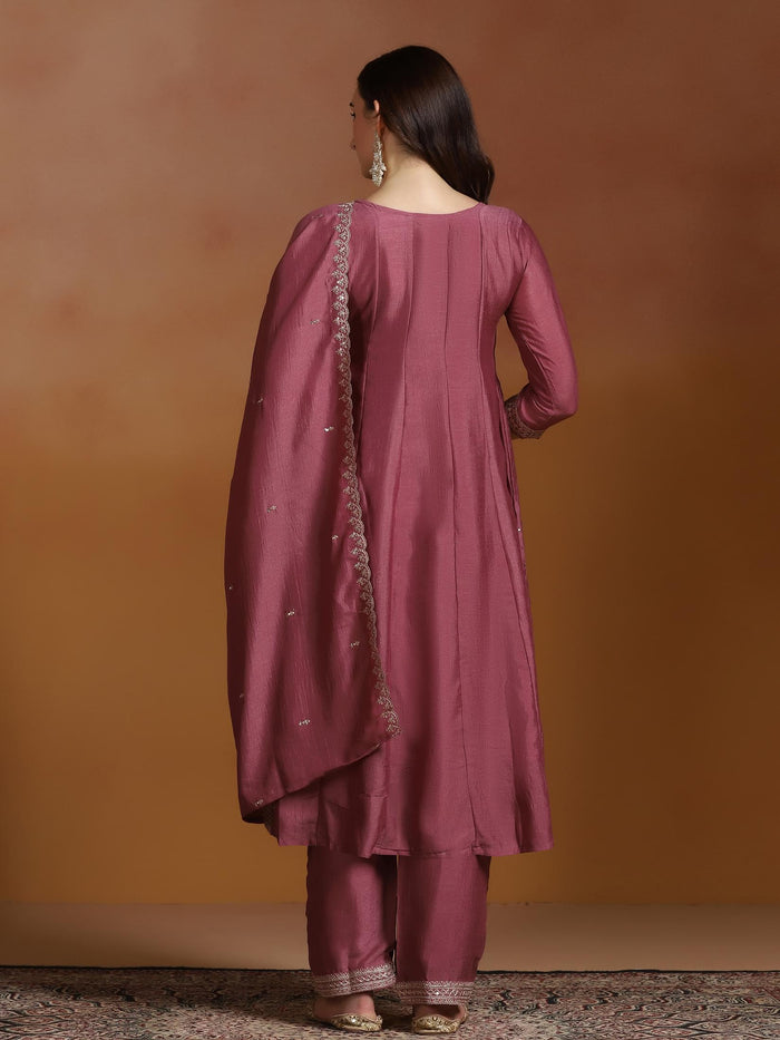 Women Chinon Pink Embroidered Kurta Comfort Pant Dupatta.