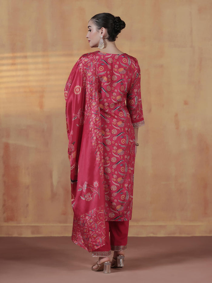 Women Chinon Pink Embroidered Kurta Comfort Pant Dupatta.